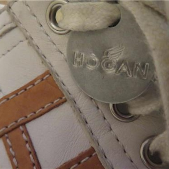 HOGAN WHITE,TAN LEATHER LACED UP SNEAKERS SIZE 8.5 - Picture 2 of 5